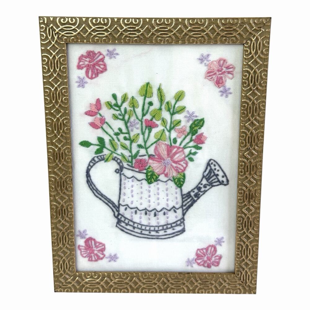 Embroidered Flower Teapot Framed 8x6 in Gold Plastic Frame